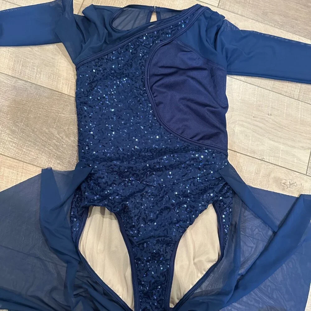Balera Navy Blue Long Sleeve Dance Costume With Sequin Bodice & Mesh Skirt MA - Picture 3 of 9